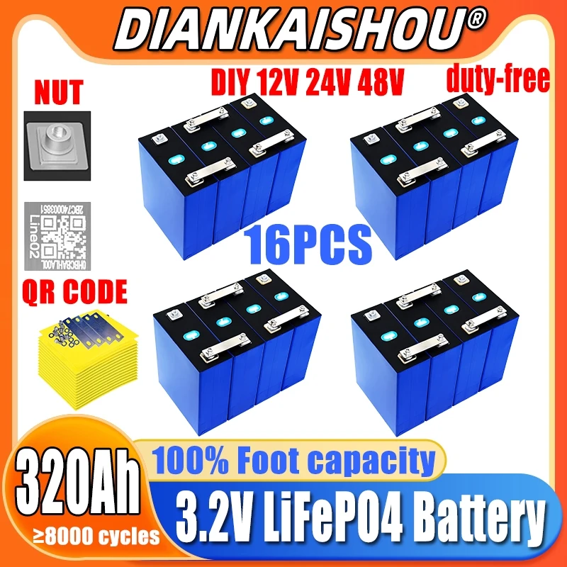 

16PCS new 3.2V 320Ah Lifepo4 rechargeable battery Grade A DIY 12V 24V 48V RV solar storage golf cart battery pack EU/US TAX-FREE