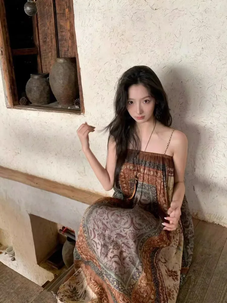 Retro Print Strap Long Dr Vaion Beachwear Tourist Clothing Women's Loose Waist Polyester Fiber Summer Soft Fabric