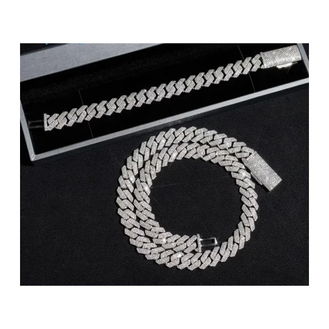 Silver Stamped 18k White Plated Prong Set Miami Cuban Link Chain Complete with Vvs1 D-colour Moissanite Diamonds