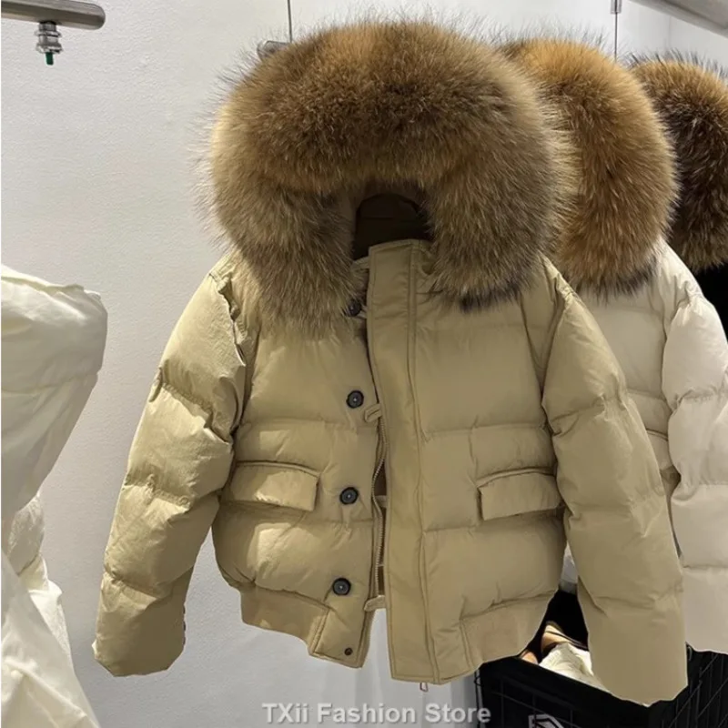 2023 Women's Winter Jacket Hooded Slim Big Thick Real Fur Short White Duck Down Filler Coat Female Solid Warm Clothes Snow Suit