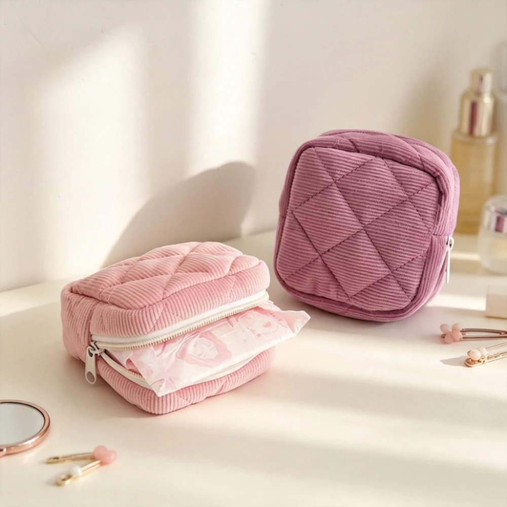 Sanitary Napkin Storage Bag Lipstick Makeup Pouch Quilted Corduroy Organizer Portable Menstrual Pad Pouch Zipper Makeup Mini Bag