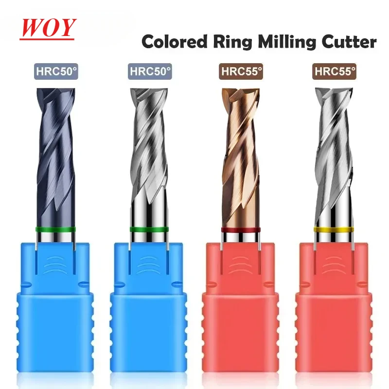 

WOY HRC50/HRC55 2-Flute Colorful Ring Milling Cutter Tungsten Steel Carbide Flat End Mill CNC Mechanical Endmills Tools