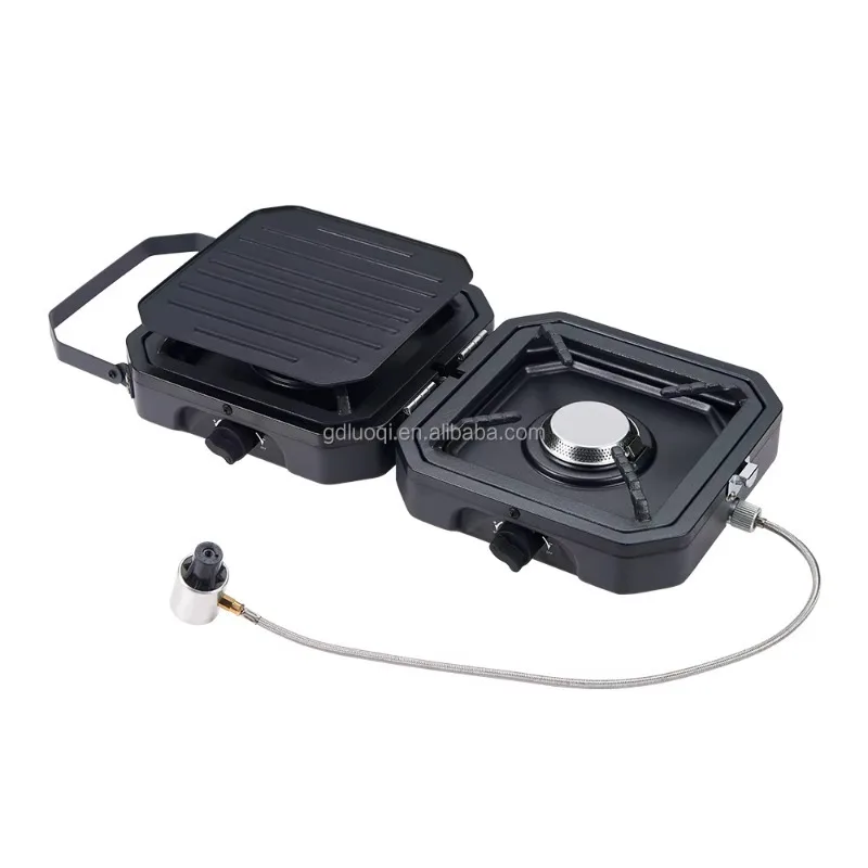 

【Best-selling】Portable 2 Burner Camping Cooking Picnic Stove With Steak Plate Outdoor Kitchen Easily Carry With Handle