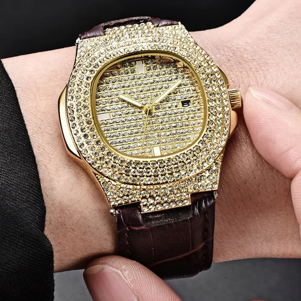 Diamond-set Leather Watch for Men Fashion Belt Calendar Quartz Watch for Man