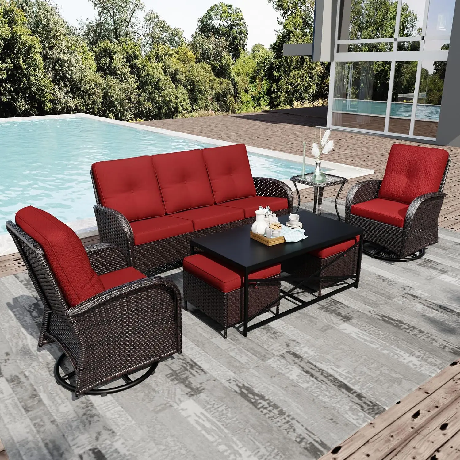 Wicker Patio Furniture 7pc Swivel Rocker Chairs Thickened Cushions High Back Deep Seating Wide Armrest Porch Deck, Customized