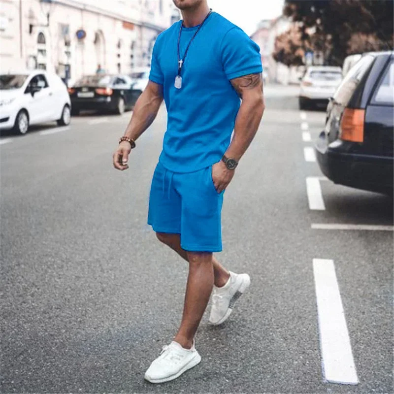 Fashionable summer outdoor sports set, men\'s short sleeved T-shirt shorts, casual fashion two-piece set, breathable