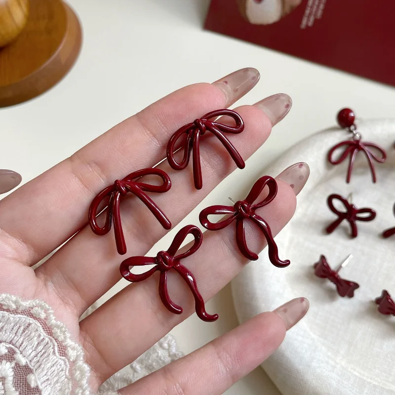 الرجعية نمط الأحمر Bowknot وأقراط للنساء الفتيات أقراط بسيطة ثقب الباليه الشريط جماليات أنيقة الأذن مجوهرات هدايا #3