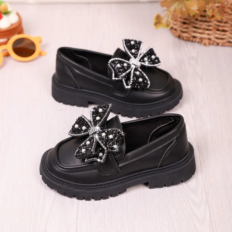 

Children Princess Flat Shoes with Shiny Bowknots Glitter Kids Leather Shoes Soft Sole 2025 Autumn New Girls Casual Shoes Slip-on
