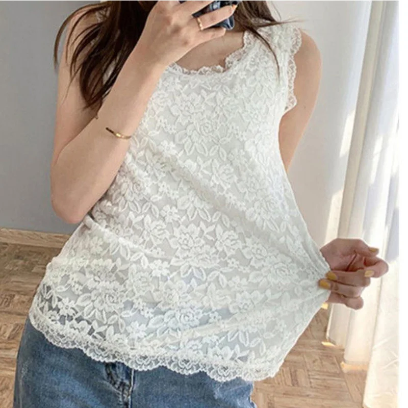 2024 New Summer Elegant Fashion Loose Sweat Korean Style Tank Top for Women Lace Splicing Sexy O Neck Sleeveless Chic Y2K Tops