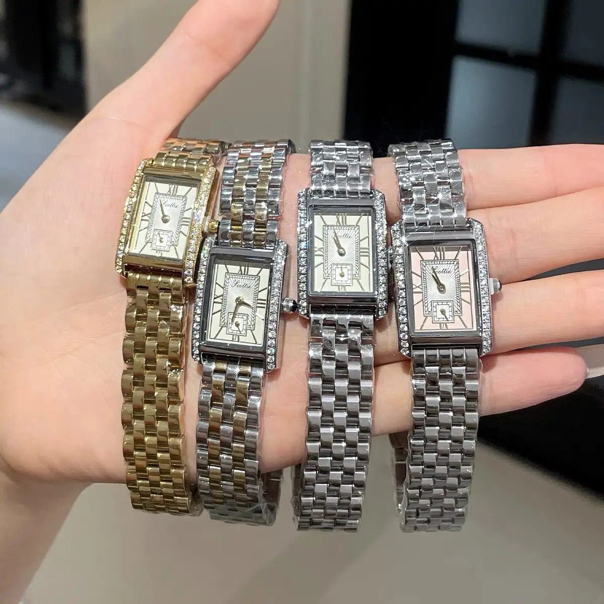 Manufacturer supplies scottie new square steel belt women's watch with diamond dial independent second hand belt watch 9655