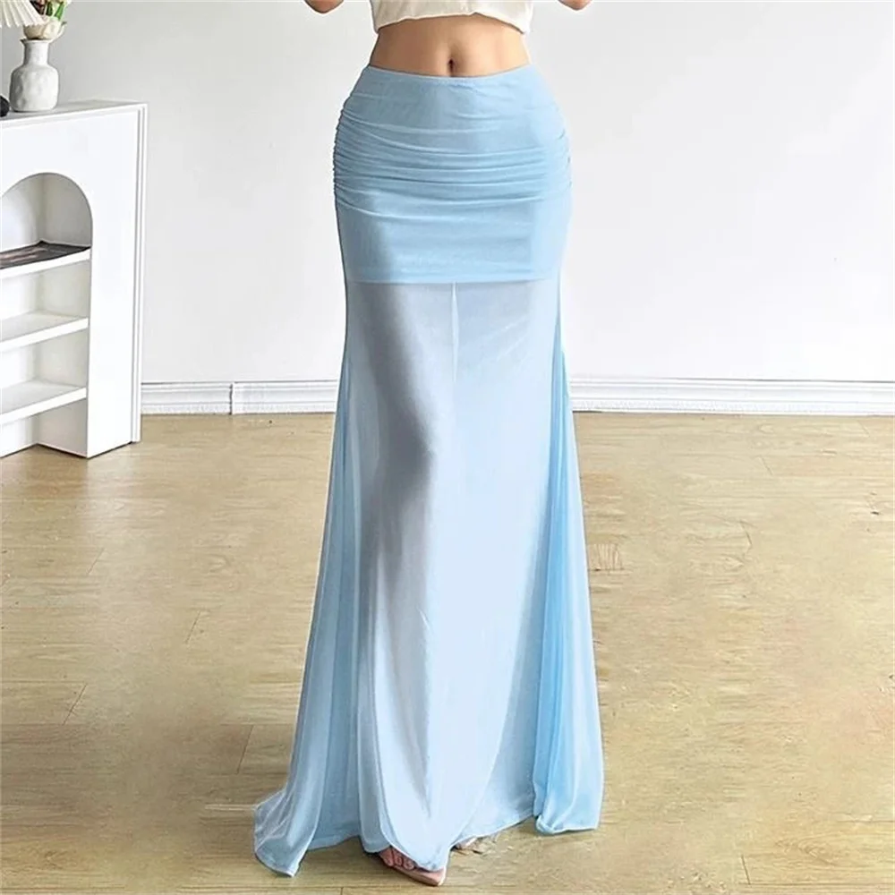 Tulle Mermaid Skirts Blue Transparent Party Long Dress Bodycon Skirt Women Elegant Female Cute Kawaii Oufits Y2k High Waist Saia