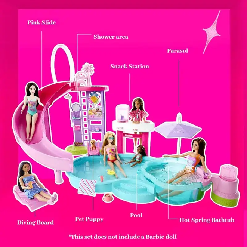 Barbie sonho piscina playset diversão experiência interativa tema de festa na piscina vários acessórios meninas fingir jogar brinquedo presente de aniversário