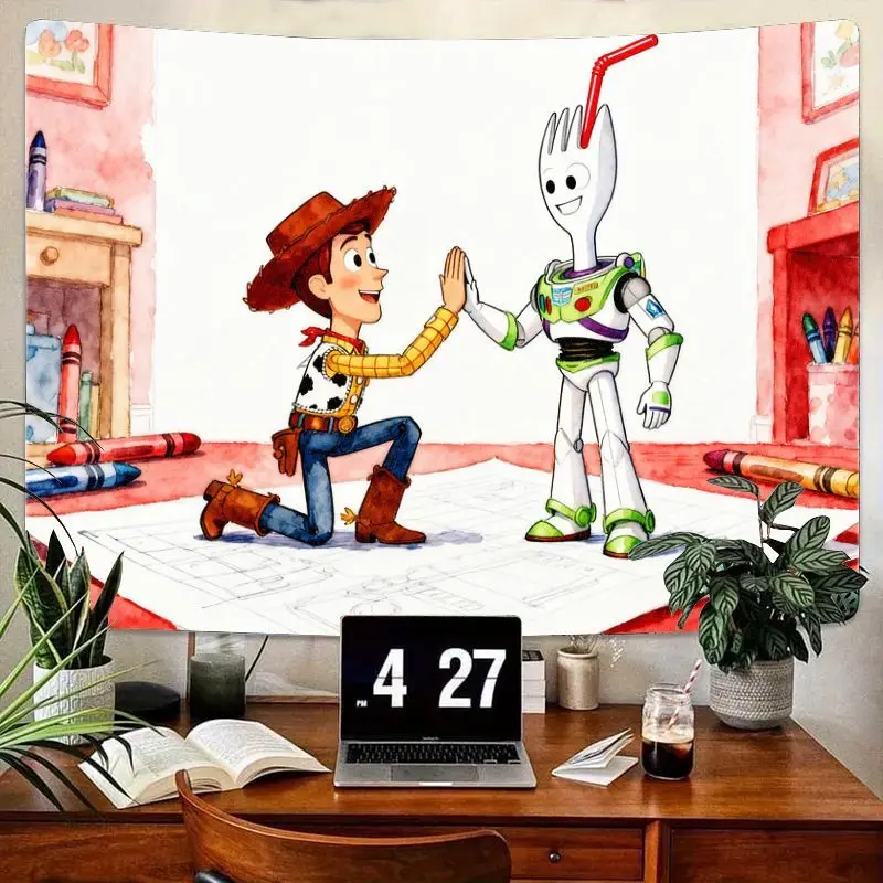 

1PC Toy Story Woody & Buzz Fork Friendship Tapestry, Kawaii Cartoon Polyester Wall Art Decor for Kids Room Bedroom Gift.