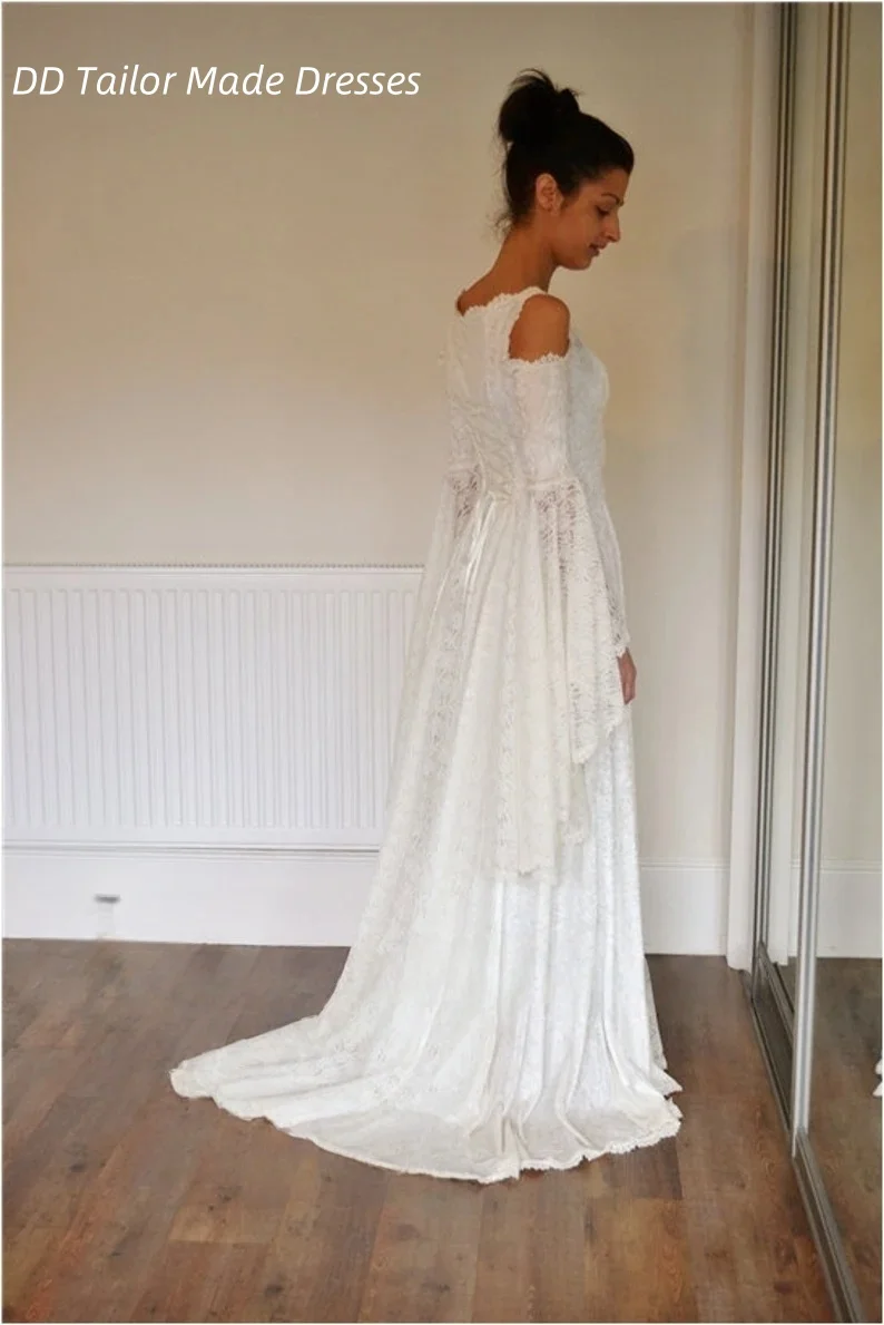 فستان زفاف Medievale Elvish بأكمام مضيئة طويلة من الدانتيل قبل رافالايت زي العرائس مشد عصر النهضة رداء مخصص