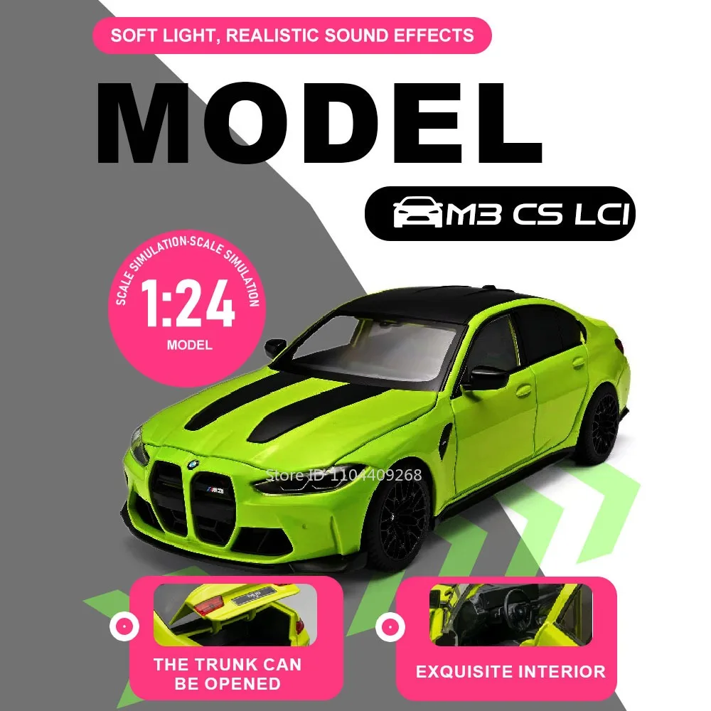

Модель автомобиля 1:24 M3 CS LCI I5M60, игрушечная машинка с амортизацией, подвижным рулем, открывающимися дверями, миниатюрный спортивный автомобиль для детских подарков