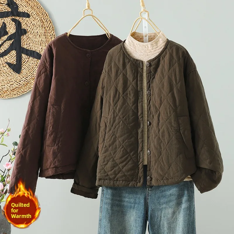 

Легкая льняная хлопковая куртка в стиле ретро, маленькая хлопковая стеганая теплая верхняя одежда, зимняя новинка, однотонная однотонная одежда на одной пуговице