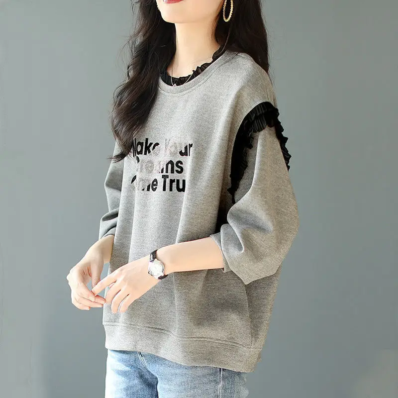 Wood Ear Edge Letter Autumn New Hot Diamond Top 2023 Loose Classic Fashion All-match Slim Casual Grey Sweatshirts Women