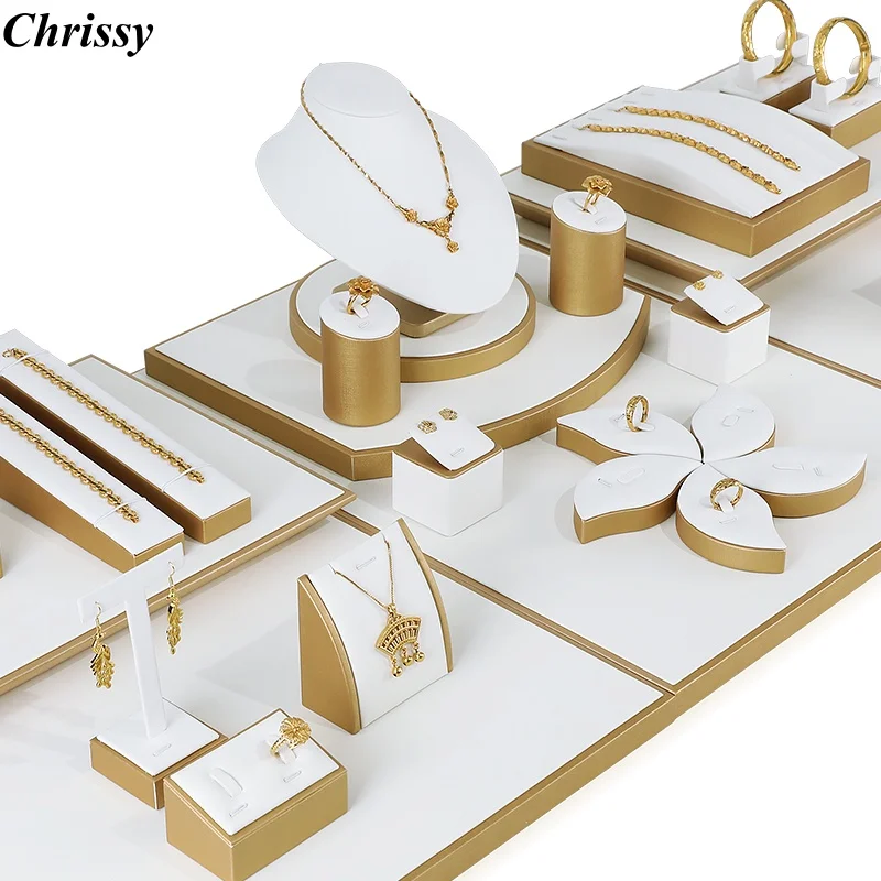 

Gold White Brushed Leather Jewelry Display Tray, Luxury Velvet Riser for Necklace Bracelet Ring, High-end Countertop Showcase