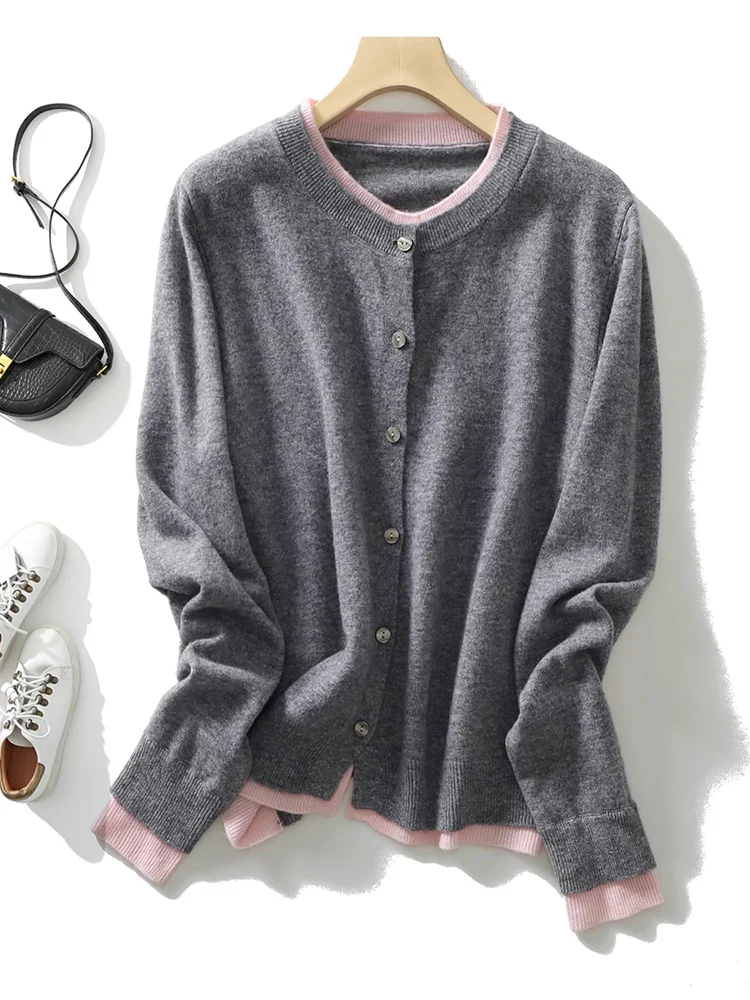 

Pure Wool Knitted Sweater Cardigan round Ne Color Blo Design Spring Autumn ential Long Sve Commute Sle Women's Fa...