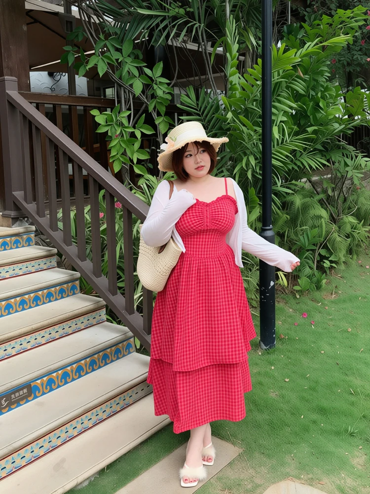 

Летнее повседневное платье-халтер в клетку с V-образным вырезом, без рукавов, с завышенной талией, свободного кроя, из красного полиэстера, длинная юбка