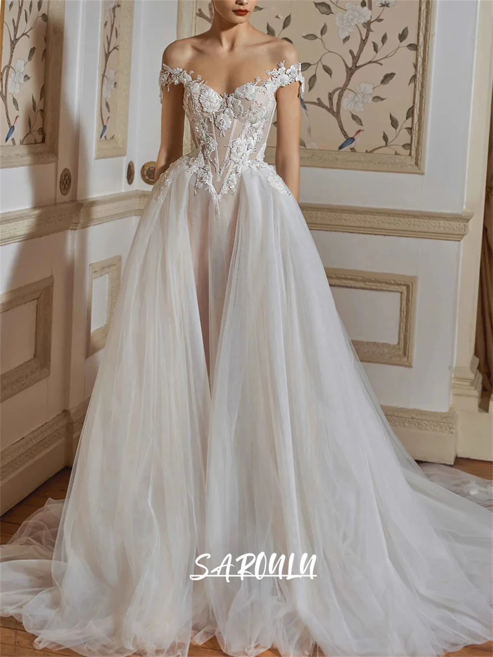 Graceful Floral A Line Wedding Dress, Tulle Long Court Train Cusotmized Bride Dresses, Off Shoudler Sheer Back Bridal Gown