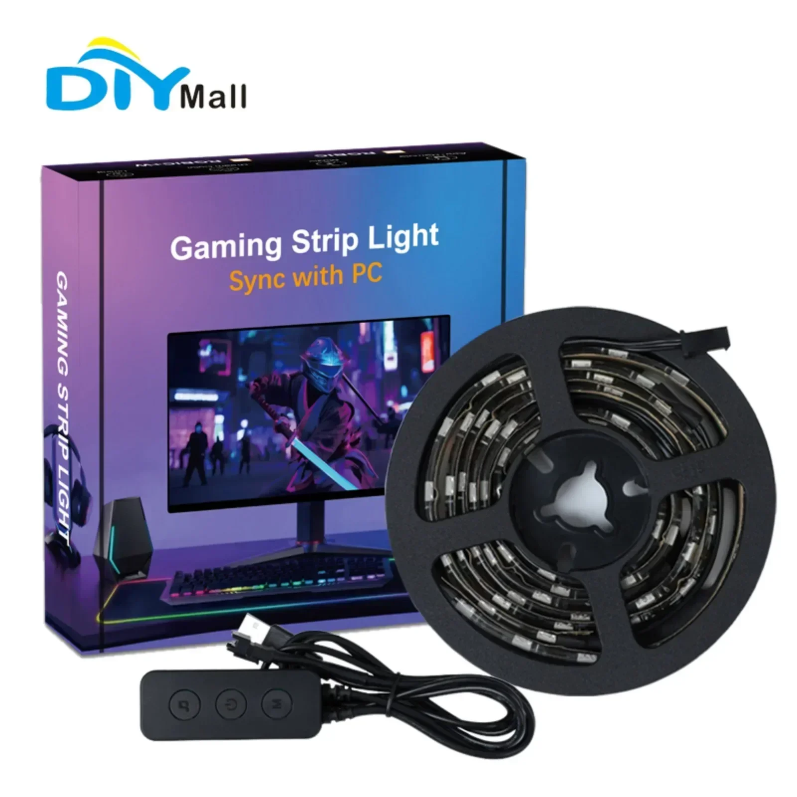 DIYmall Computer Backlight 5V RGB WS2812B USB Interface for PC Sync Controller, Suitable for 24/27/32/34-inch Computers