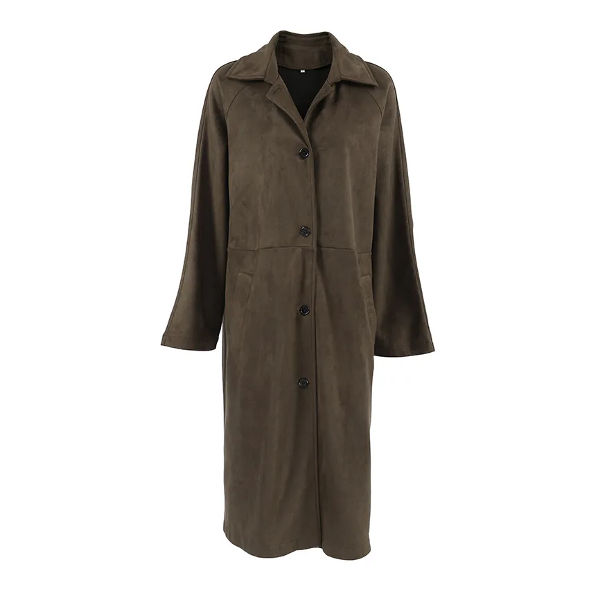 Outono e inverno retro marrom camurça casaco feminino longo high-end solto lapela jaqueta commuter roupas femininas