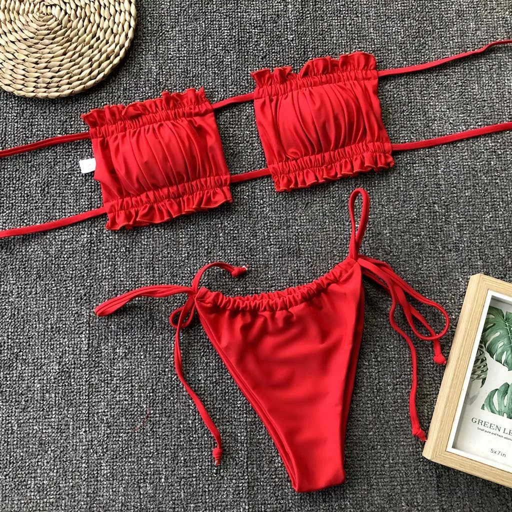 

Red Bikinis Sexy Women Swimwear Set Lace Up Brazilian Beachwear Push-Up Bandage Swimsuit Hollow Out Padded Ruched Swimwears