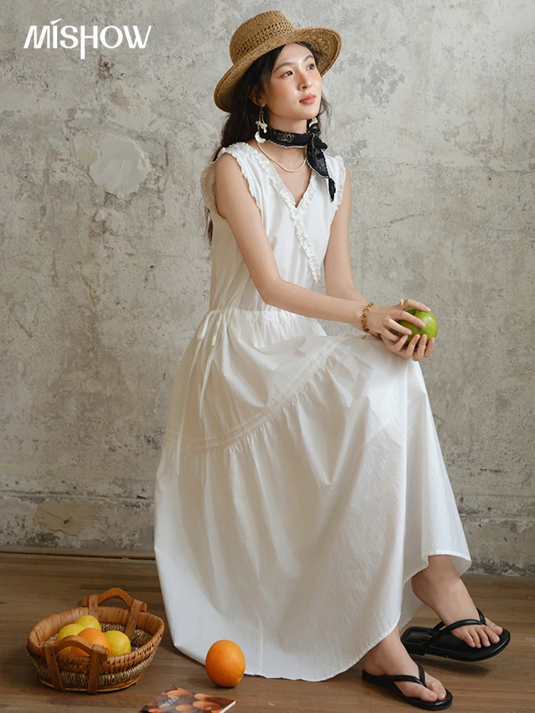 

MISHOW Sleeveless Dress for Women Summer 2025 Drawstring Waist Simple Fashion Lace V-neck Dresses Female Clothing MXE37L2331