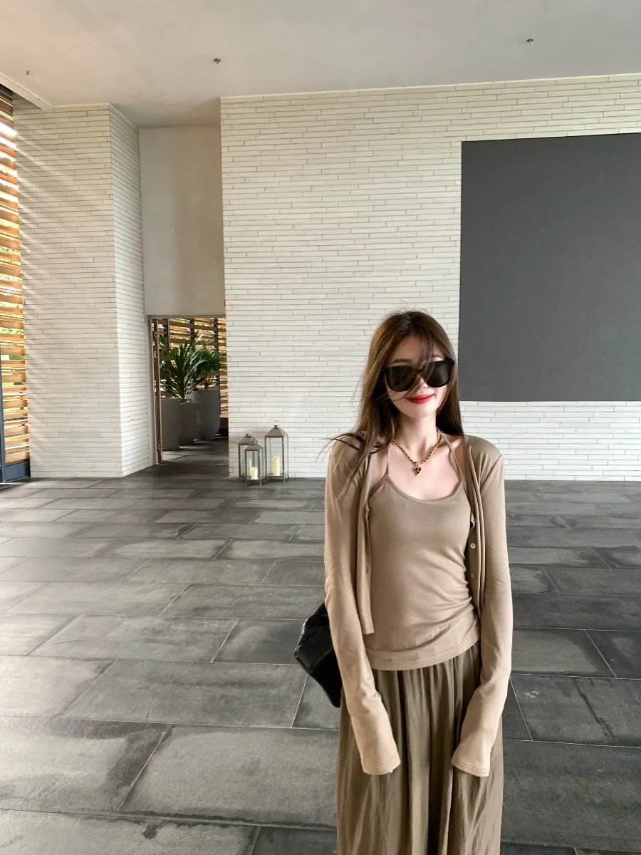 

Druuna Girl Silk Wool Blend Slim Fit Cardigan Set Sun Protection Korean Sle Long Sve V-Ne Button up Casual Wear