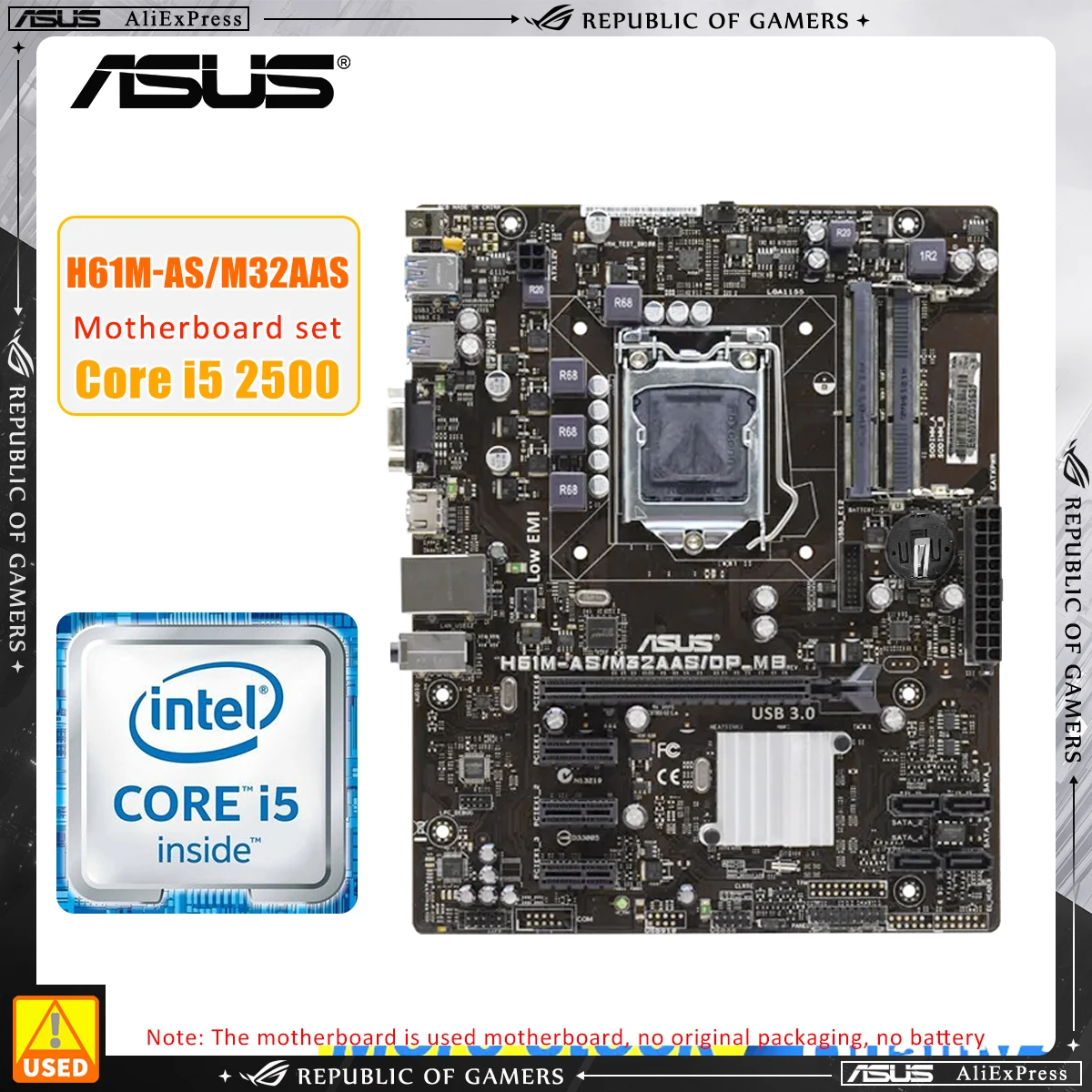 ASUS H61M-AS/M32AAS With i5 2500 LGA 1155 Motherboard and CPU Combo Used Mainboard and Processors Kit Supports 2 DDR3 RAM Slots