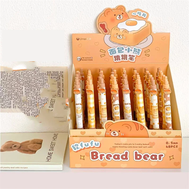 48 pcs/lot Kawaii Bread Bear Press Gel Pen Cute 0.5mm Black Ink Signature Pens Stationery Gift School Writing Supplies