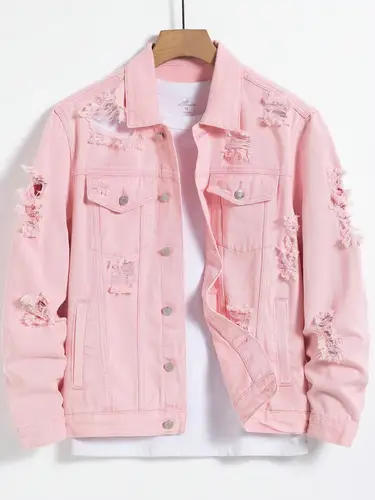 Imagen 1 del producto Chaqueta vaquera de hombre para primavera y otoño. Chaqueta vaquera rasgada rosa. Casual diario. De moda y de moda.