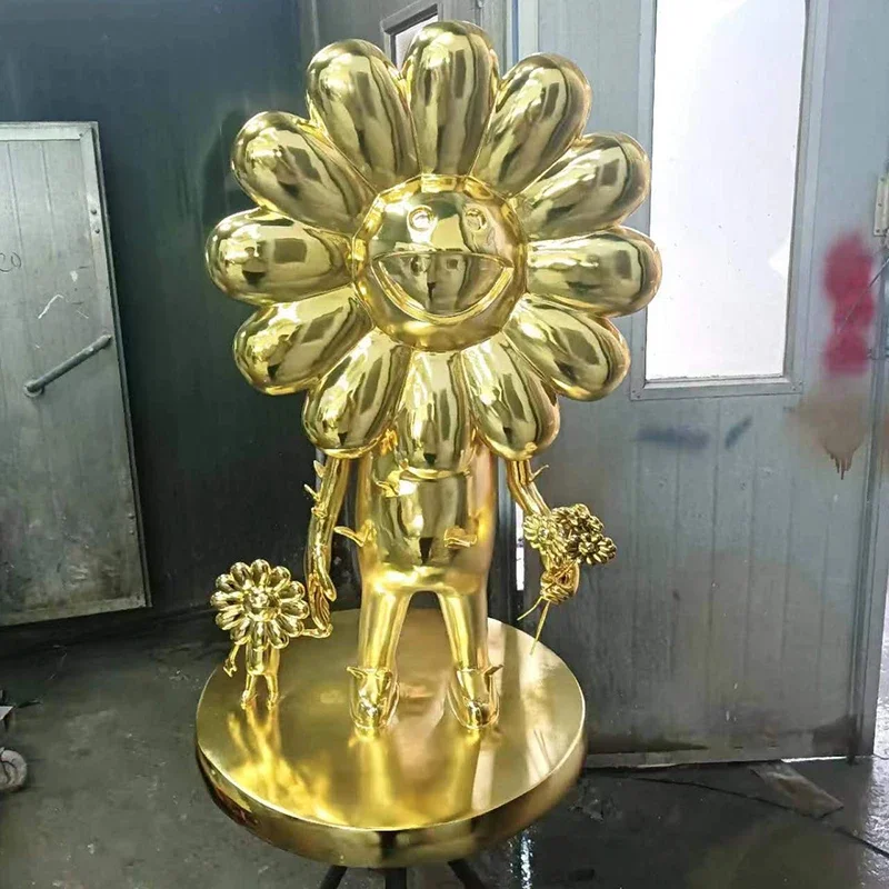 fiberglass art sculpture electroplating golden sunflower statue flower plant animation mall decoration resin crafts