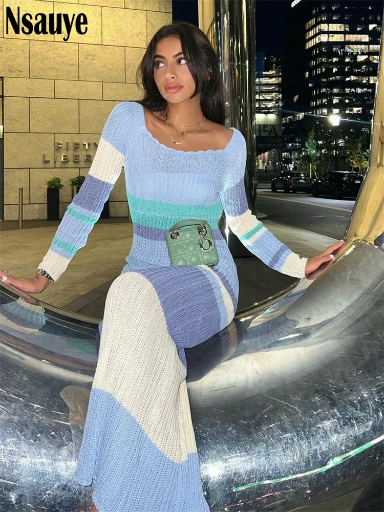 Nsauye Women Sexy Beach Evening Party Knitted Off Shoulder Long Sleeve Bodycon Long Dresses Casual 2022 Summer Y2K Maxi Dress