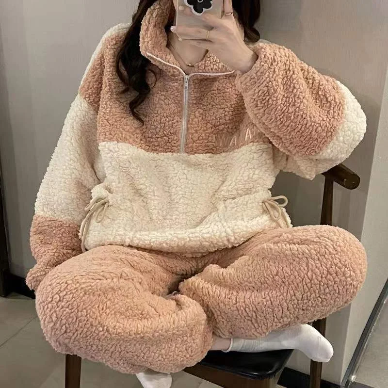 Pajamas Sets Women Coral Fleece Winter Thick Warm Flannel 2Piece /Set Pyjamas Suit Casual Nightwear Home Clothes Soft Sleepwear