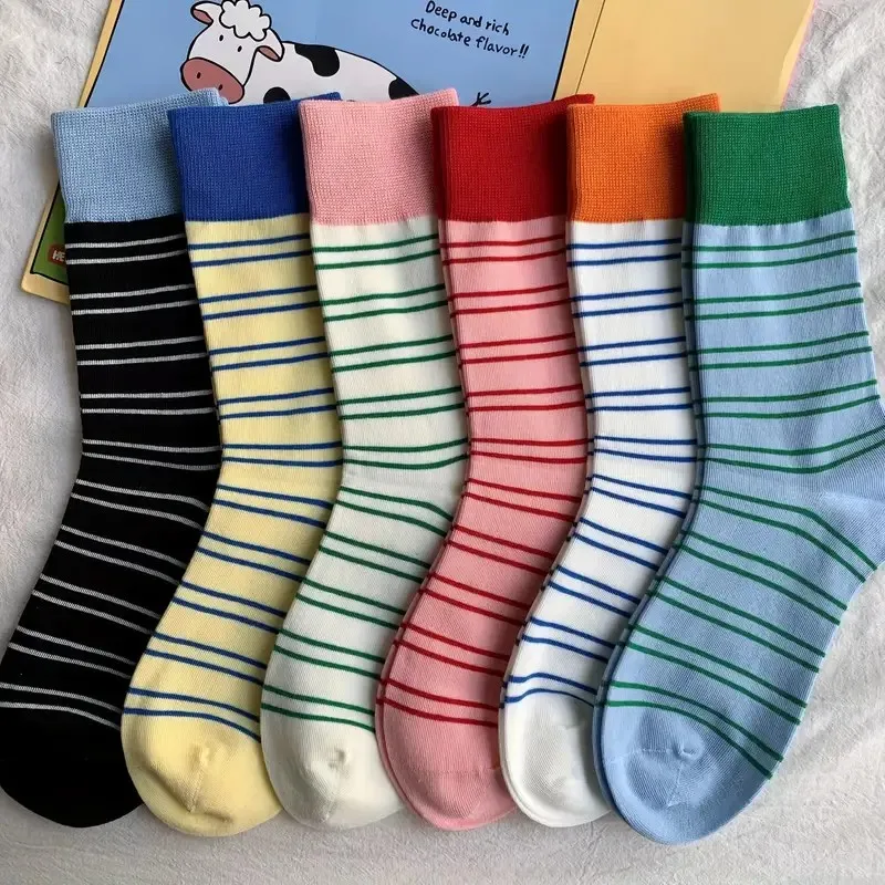1/6 Pairs Frauen Bunte Gestreifte Mitte Rohr Socken Frühling Sommer Schweiß Absorbieren Atmungsaktive Dopamin Farbe Passenden Casual Socken – Detail 5