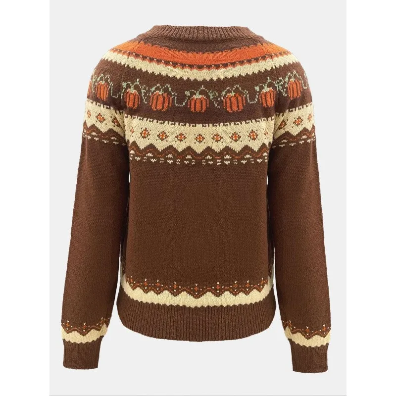 Women's Sweater Roupas Femininas Holiday Round Neck Pullover Top Halloween Themed Decoration Pumpkin Jacquard Knitted Sweater