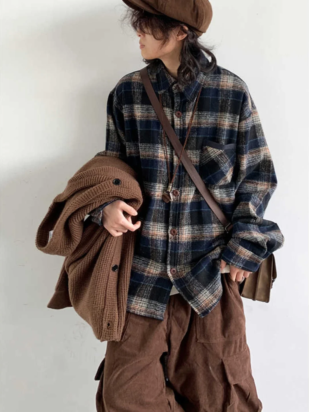 

Autumn Winter Tweed Plaid Long Sve irt ex Loose Fit Neutral Sle Coat Trendy Cotton Polyester Blend Iron Free