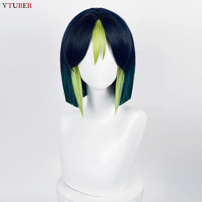 Sumeru Tighnari Cosplay Perruque, Genshin Anime Perruques + Bonnet Perruque, Cheveux Synthétiques Courts, Bleu Foncé, Vert, Degré de Chaleur, Jeu, 30cm