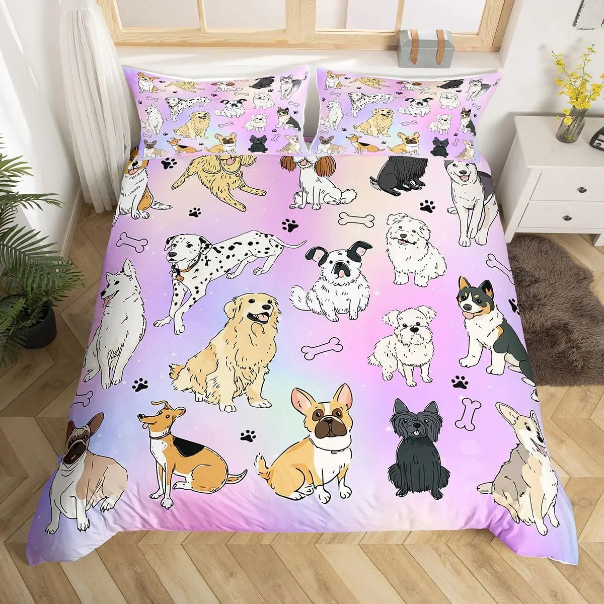 Cute Puppy Bone Print Bedding Set Single Size Kawaii Dog Duvet Cover Set With 1 Pillowcase For Kid Teen Boys Girls