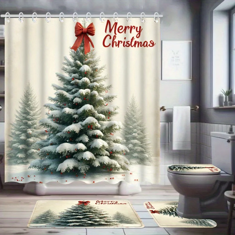 4pcs Merry Christmas Shower Curtain Set, Green Tree with Red Bow Snowy Forest Pattern, Non-Slip Bath Mat Festive Bathroom Decor