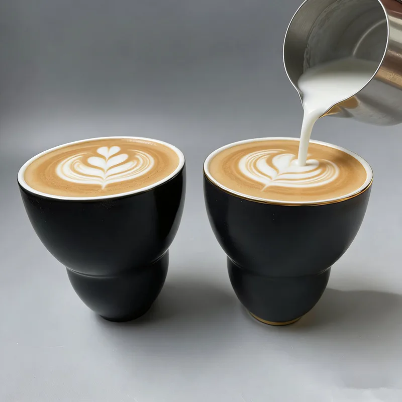 Japanese Black Ceramic Coffee Cup Solid Color Mug For Latte Flat White Cold Brew Household Barista Flower Drawing Tableware