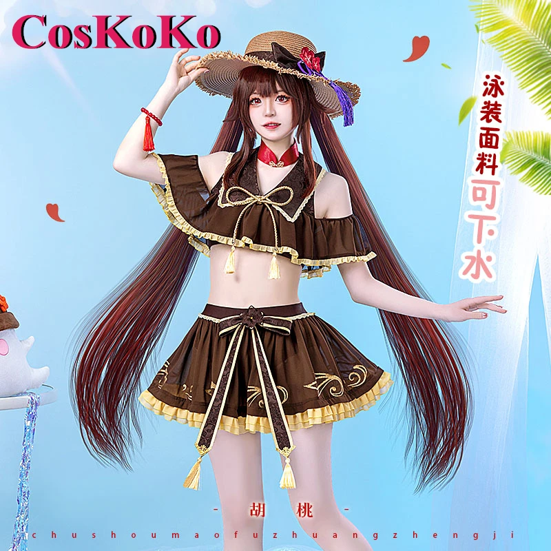 CosKoKo Hu Tao Cosplay Anime Game Genshin Impact Costume Lovely Sweet Summer Beach Swimsuit Women Party Role Play Clothing S-XL