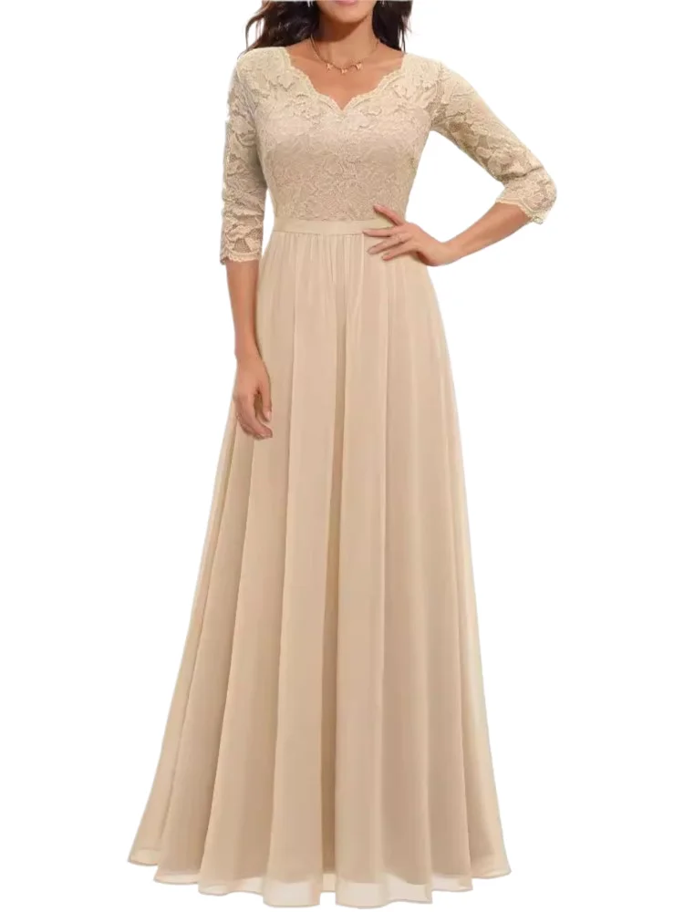 

Fashion Lace Loose Dress For Women Elegant Solid Three Quarter V Neck High Waist Vestidos Robe Femme Formal Evening Party New
