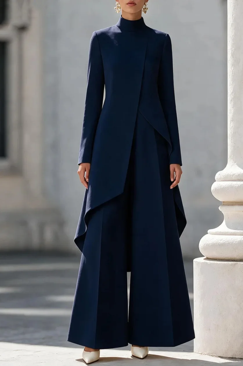 Chic 2 Piece Matching Suit Mock Neck Long Sleeve Asymmetric Draped Top Wide Leg Pants Office Evening Outfits