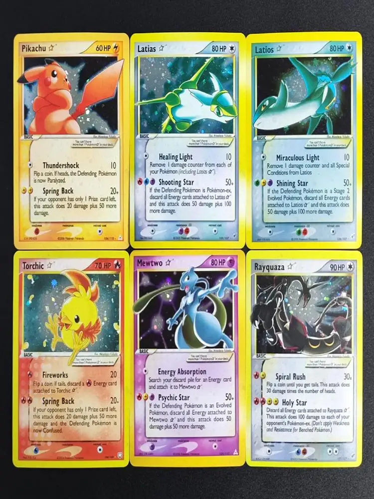 DIY PKM Karte Gold Star Pikachu 104/110 Mewtwo 103/110 Rayquaza 107/107 Torchic Latias Ex Holon TCG Sammelkarte