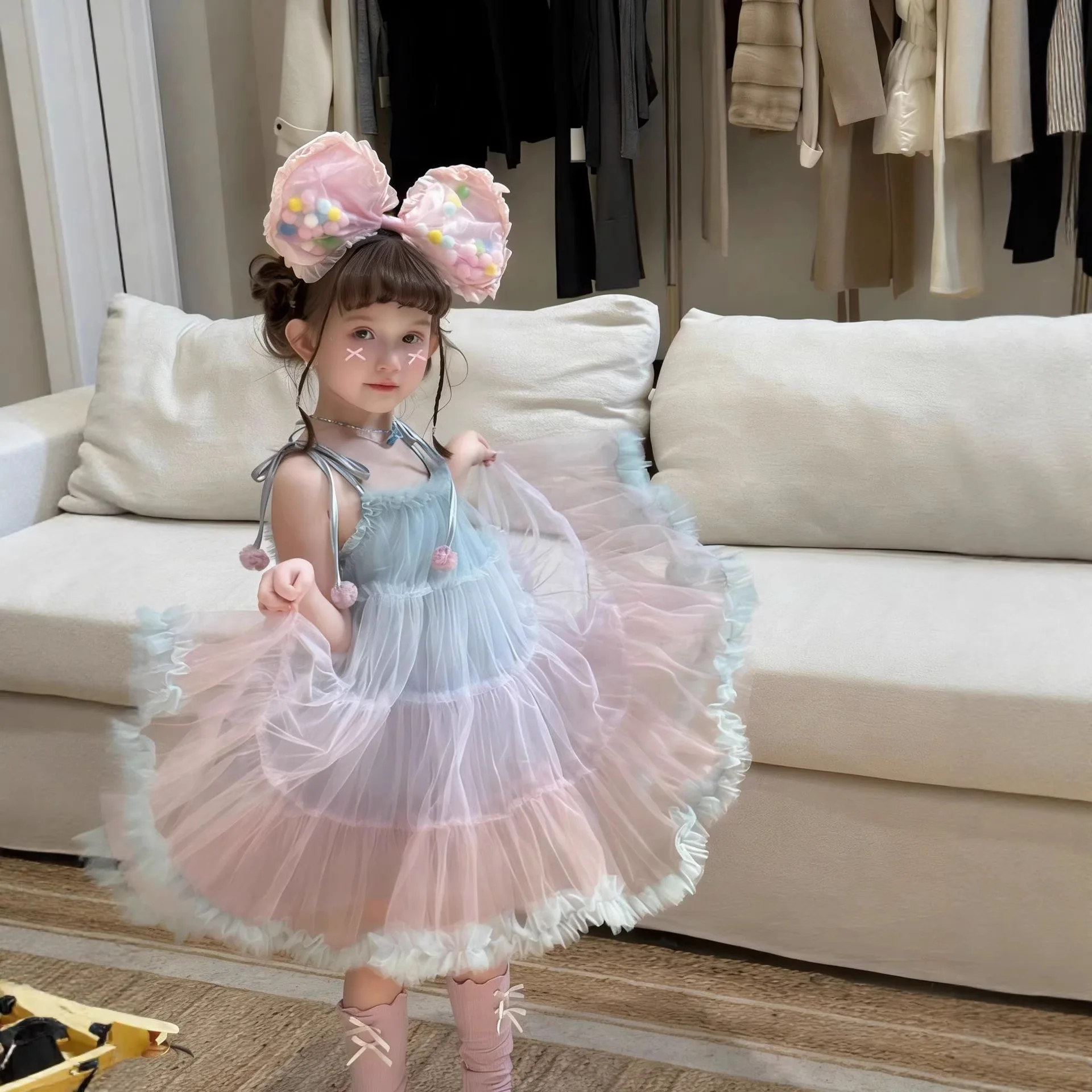 

2026 Summer Girls Mesh Skirt Gradual Change Suspender Skirt Children's Performance Clothes Baby Girl Skirt