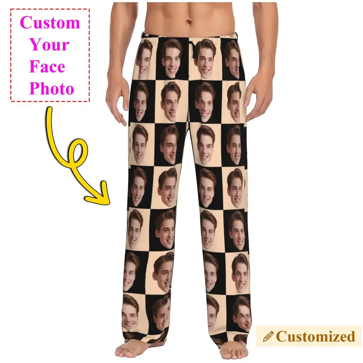 

Персонализированные пижамные штаны с фото для лица для мужчин, одежда для сна, эластичные штаны для сна с карманами