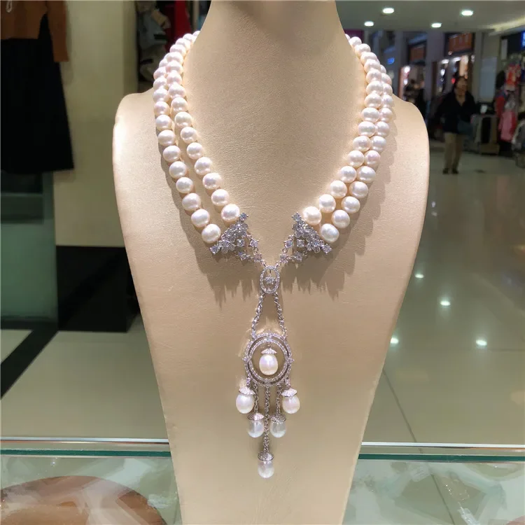 New style natural 2rows 9-10mm white freshwater pearl micro inlay zircon accessories necklace fashion jewelry